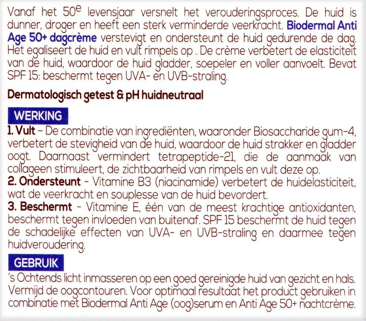 Biodermal Anti Age dagcrème 50+ - Dagcrème met hyaluronzuur en vitamine E - met - SPF15 - Helpt rimpels verminderen - 50ml
