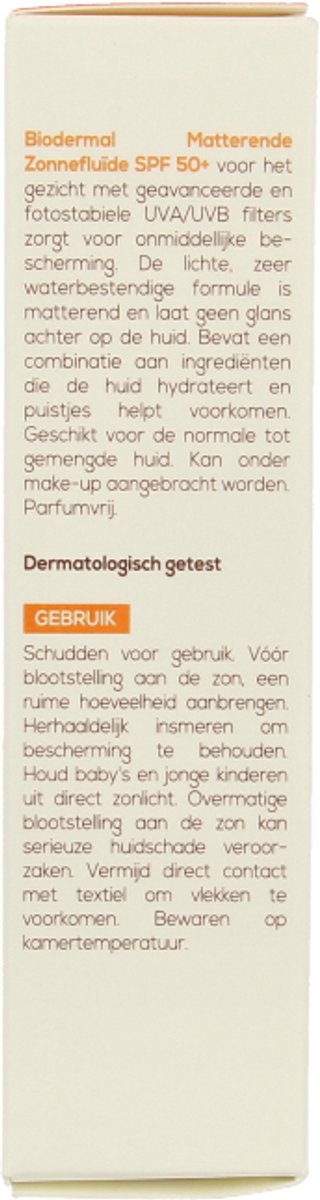 Biodermal Zonnebrand - Matterende Zonnefluïde voor het gezicht SPF 50 - 40ml - Voorkomt glimmen en puistjes