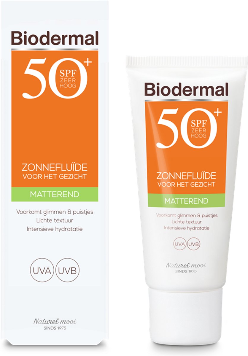 Biodermal Zonnebrand - Matterende Zonnefluïde voor het gezicht SPF 50 - 40ml - Voorkomt glimmen en puistjes