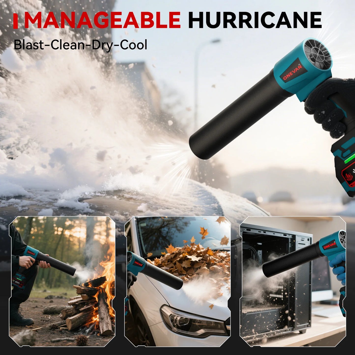 ONEVAN 4000W Brushless Electric Turbo Blower Jet Fan 400M/S 300000RPM Handheld Leaf Blower Dust Blowing Tool for 21V 18V Battery