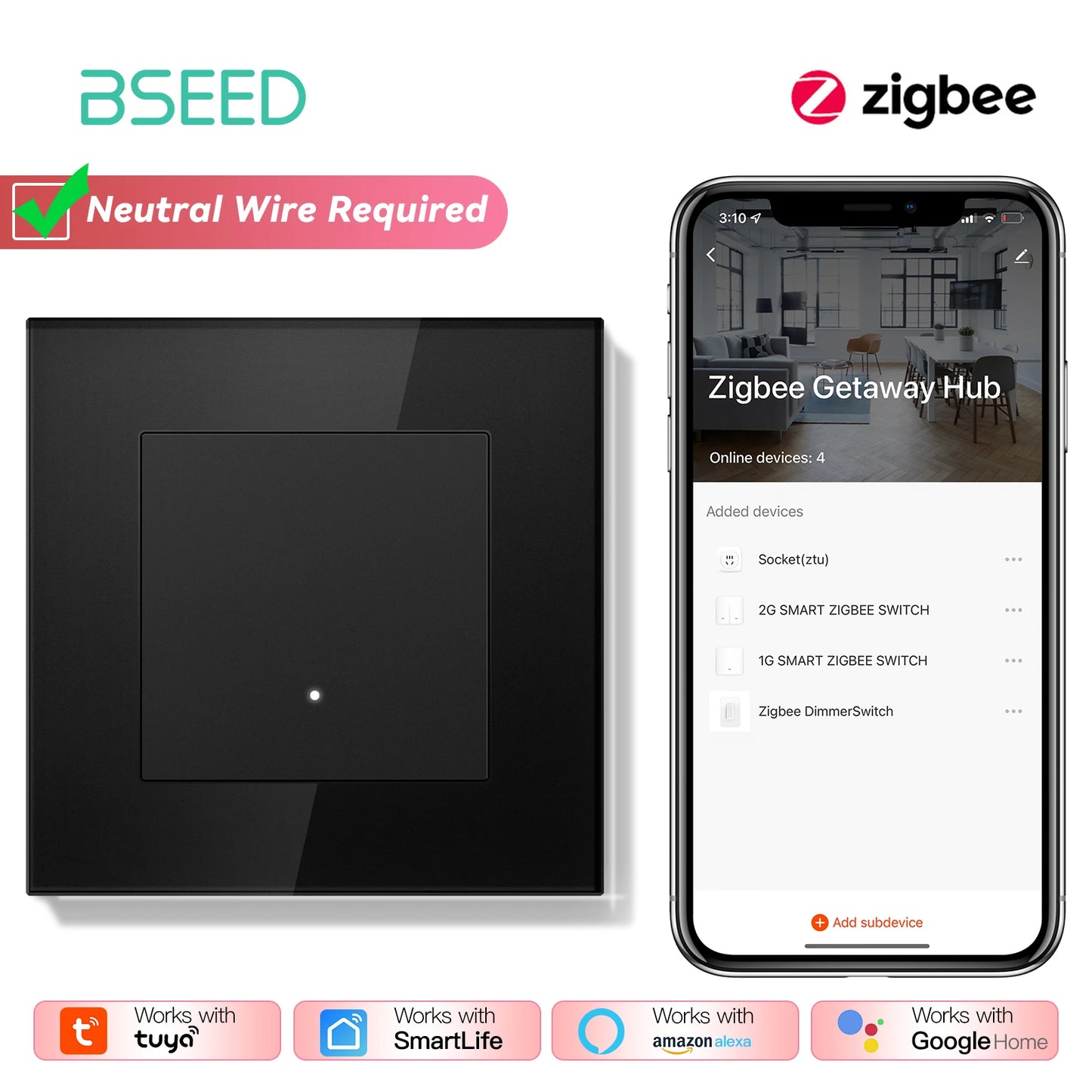BSEED 1/2/3/4Gang 2Way Zigbee Light Switch Smart Click Button Switch Glass Panel Tuya Smart Life Alexa Voice Control 3 Colors