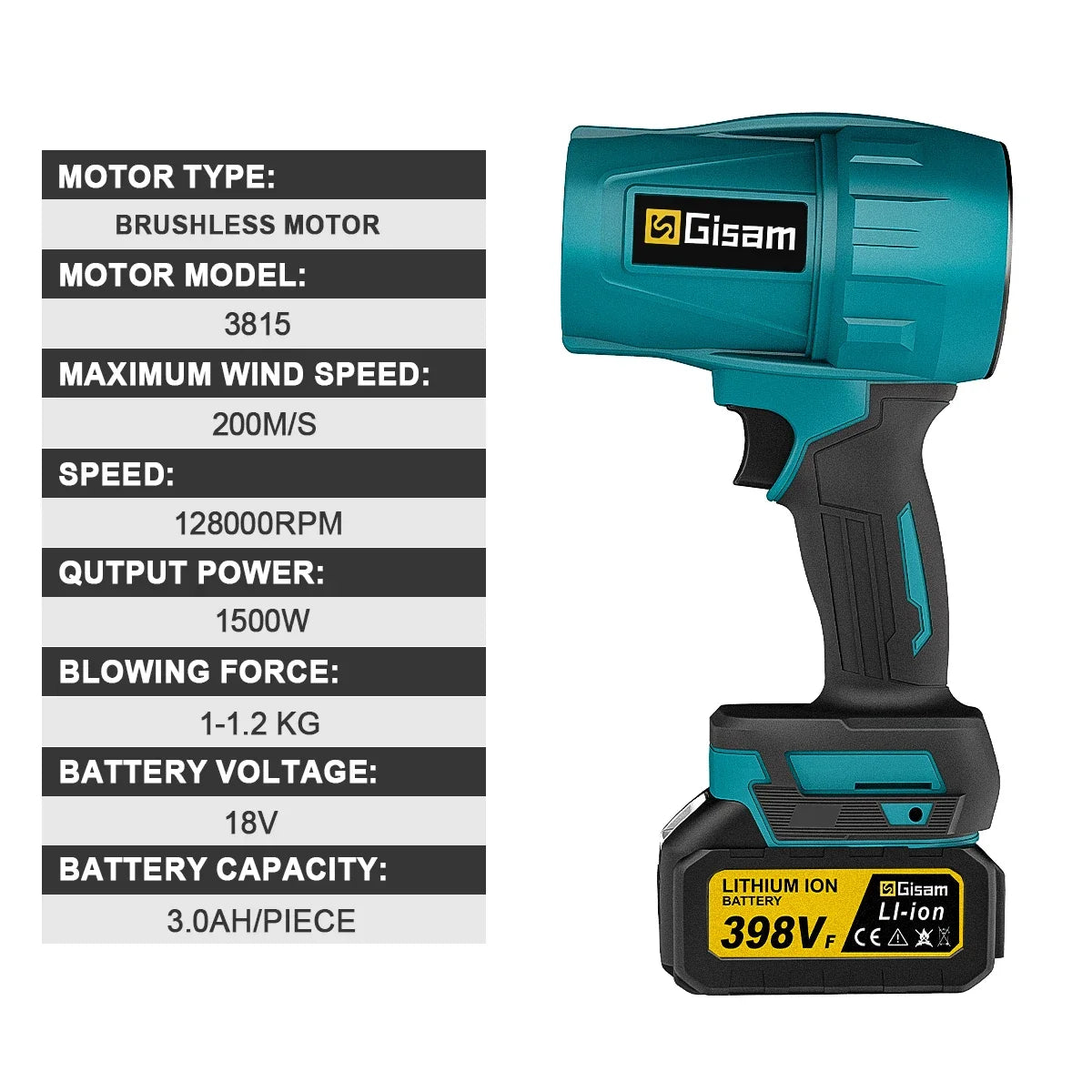 Gisam 200M/S Brushless Turbo Jet Fan 1500W Cordless Electric Air Blower Violent Handheld Power Tool for Makita 18V Battery Pin