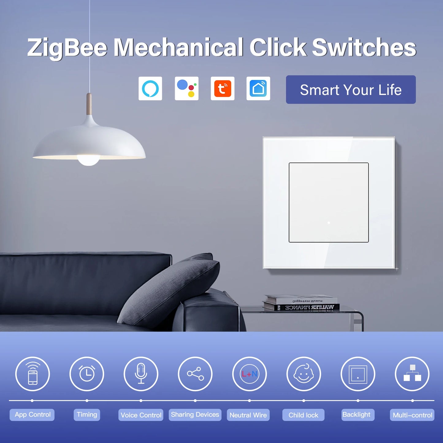 BSEED 1/2/3/4Gang 2Way Zigbee Light Switch Smart Click Button Switch Glass Panel Tuya Smart Life Alexa Voice Control 3 Colors