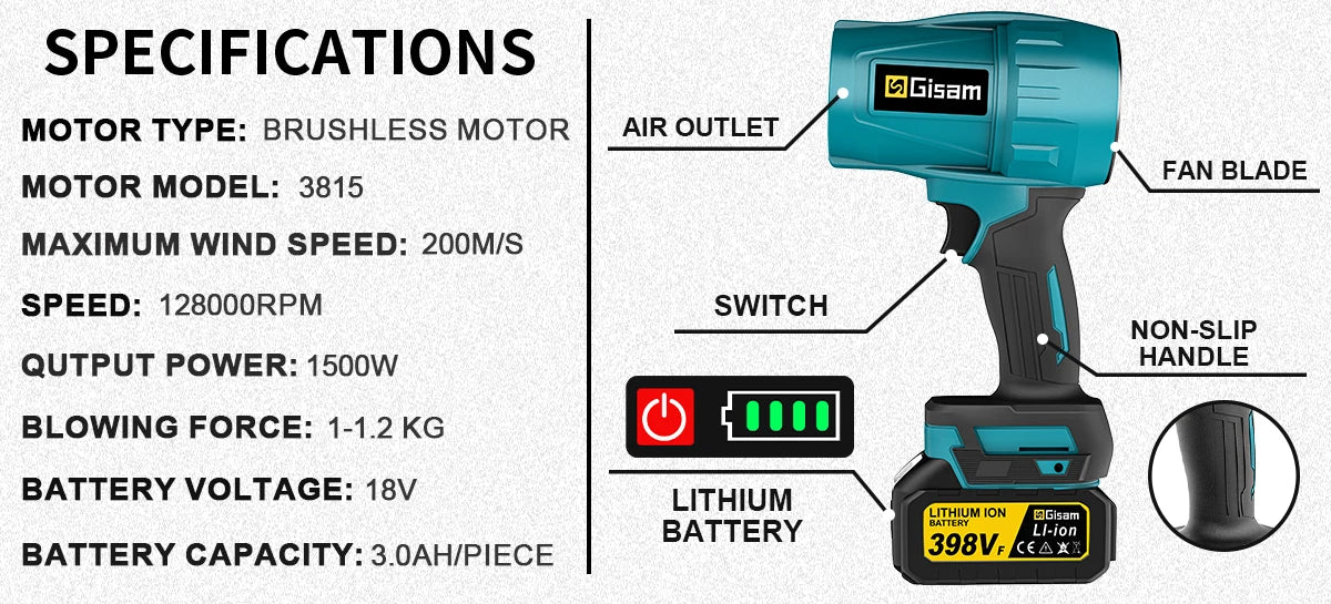 Gisam 200M/S Brushless Turbo Jet Fan 1500W Cordless Electric Air Blower Violent Handheld Power Tool for Makita 18V Battery Pin