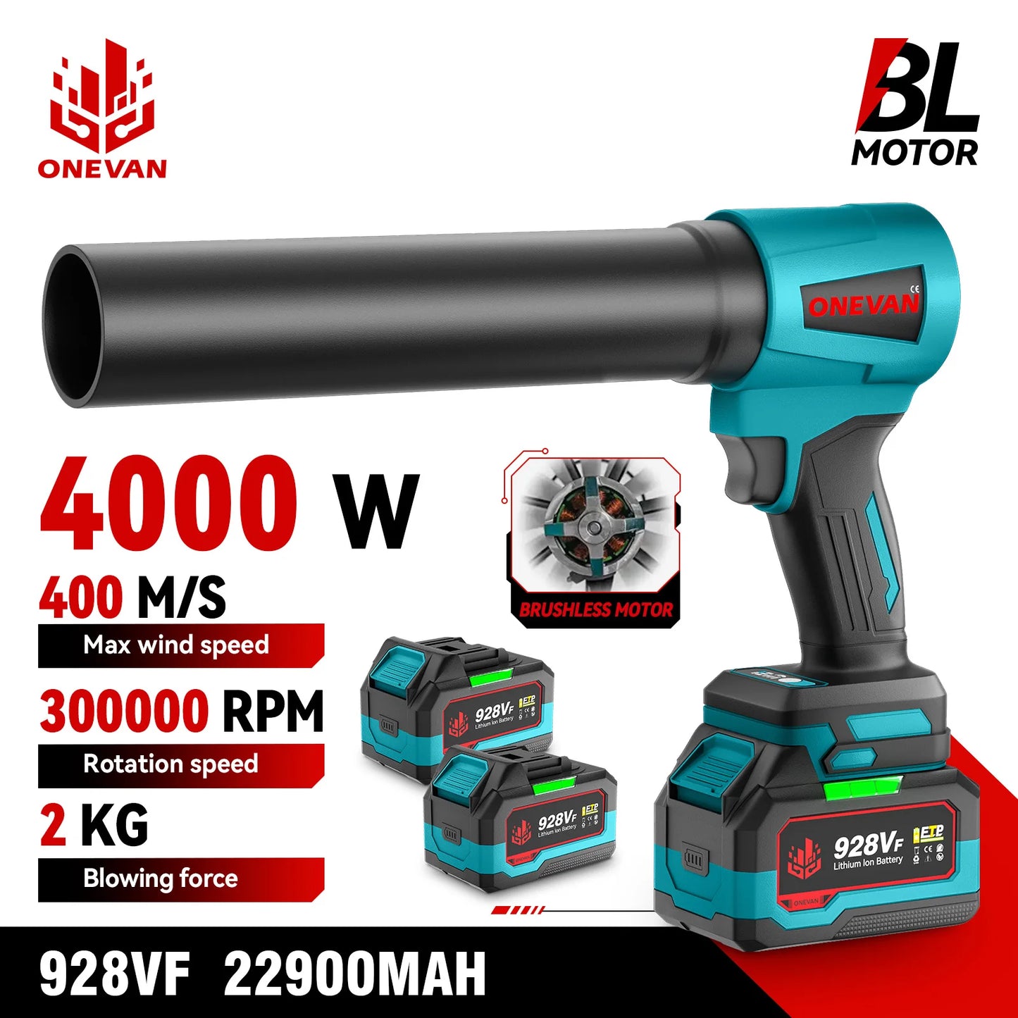 ONEVAN 4000W Brushless Electric Turbo Blower Jet Fan 400M/S 300000RPM Handheld Leaf Blower Dust Blowing Tool for 21V 18V Battery