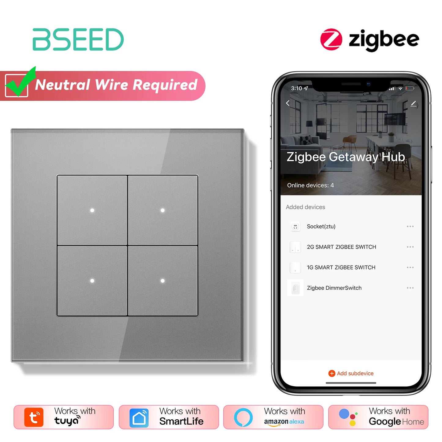 BSEED 1/2/3/4Gang 2Way Zigbee Light Switch Smart Click Button Switch Glass Panel Tuya Smart Life Alexa Voice Control 3 Colors
