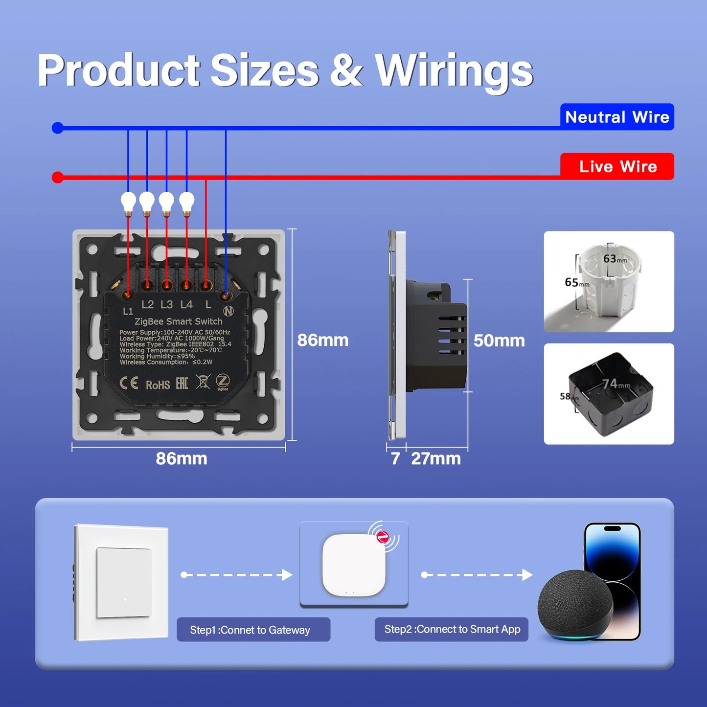 BSEED 1/2/3/4Gang 2Way Zigbee Light Switch Smart Click Button Switch Glass Panel Tuya Smart Life Alexa Voice Control 3 Colors