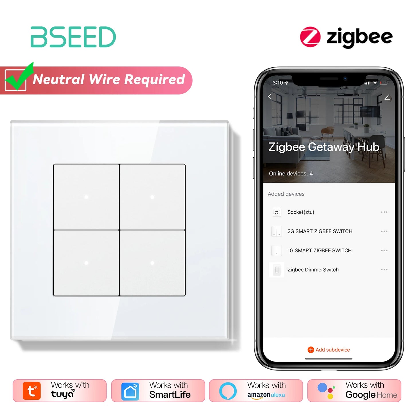 BSEED 1/2/3/4Gang 2Way Zigbee Light Switch Smart Click Button Switch Glass Panel Tuya Smart Life Alexa Voice Control 3 Colors