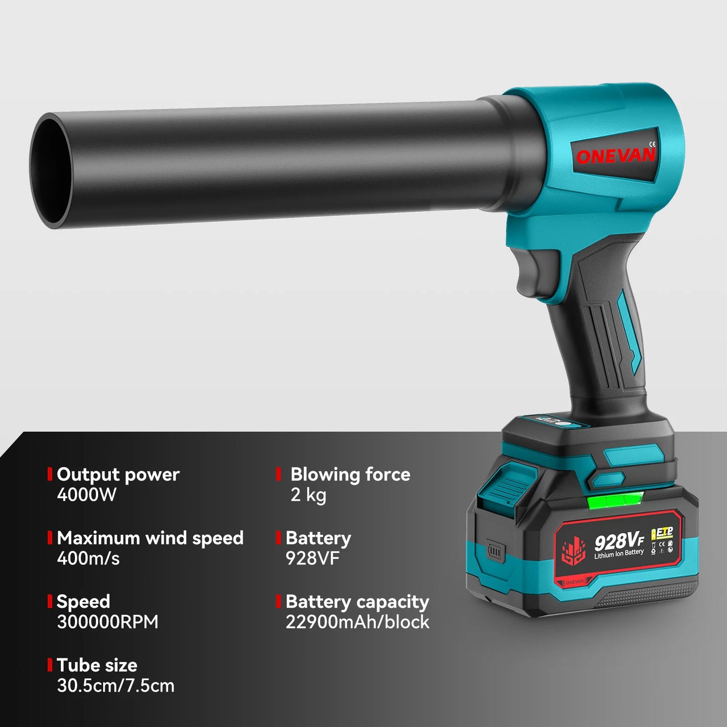 ONEVAN 4000W Brushless Electric Turbo Blower Jet Fan 400M/S 300000RPM Handheld Leaf Blower Dust Blowing Tool for 21V 18V Battery