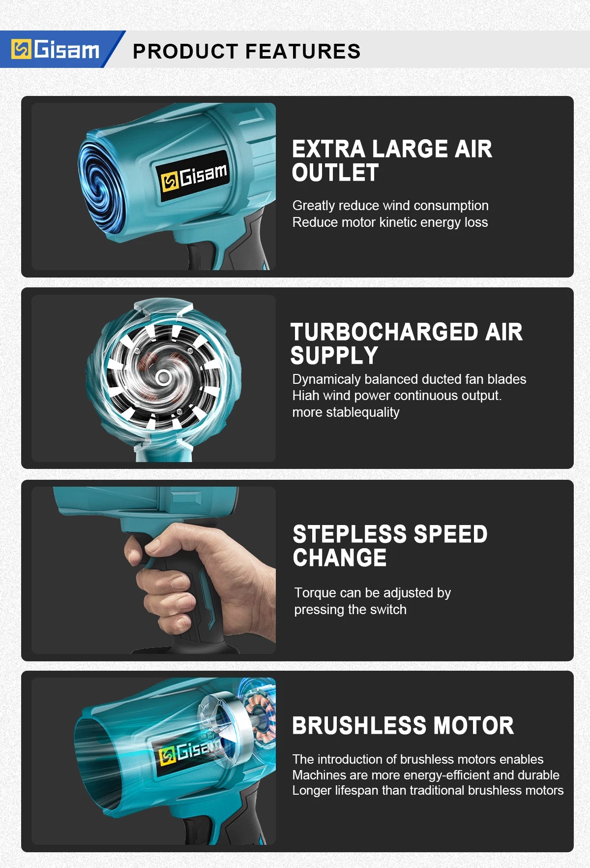 Gisam 200M/S Brushless Turbo Jet Fan 1500W Cordless Electric Air Blower Violent Handheld Power Tool for Makita 18V Battery Pin