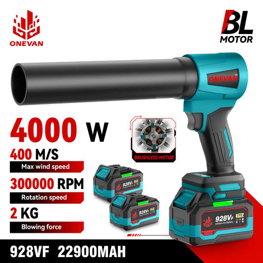ONEVAN 4000W Brushless Electric Turbo Blower Jet Fan 400M/S 300000RPM Handheld Leaf Blower Dust Blowing Tool for 21V 18V Battery